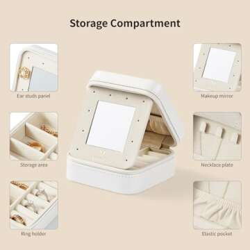 Vee Small Travel Jewelry Case, Mini Jewelry Organizer with Mirror Portable Display Storage Jewelry Box for Earrings, Rings, Necklaces, Bracelet, Valentine's Day Gift for Girls