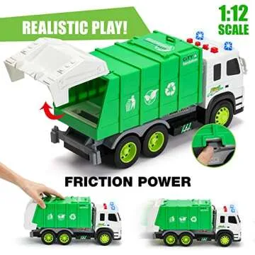MOBIUS Toys Garbage Truck Friction-Powered – 1:12 Scale Large Size Truck w/Sounds, Lights, Loader,...