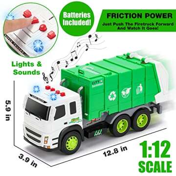 MOBIUS Toys Garbage Truck Friction-Powered – 1:12 Scale Large Size Truck w/Sounds, Lights, Loader, 4 Trash Cans for Learning Waste Management Recycling Toy for Toddlers, Boys, Girls 3 4 5 Years Old