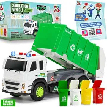 MOBIUS Toys Garbage Truck Friction-Powered – 1:12 Scale Large Size Truck w/Sounds, Lights, Loader, 4 Trash Cans for Learning Waste Management Recycling Toy for Toddlers, Boys, Girls 3 4 5 Years Old