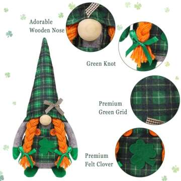 St Patrick's Day Gnomes Plush Decoration, 2 Pack different Green Grid Hats with Shamrock ,Faceless E...