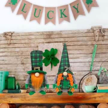 St Patrick's Day Gnomes Plush Decoration, 2 Pack different Green Grid Hats with Shamrock ,Faceless Elderly Irish Festival Lucky Hanging Ornaments, Saint Patrick's Day Irish home and office Decor