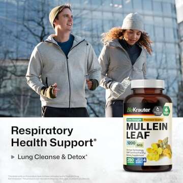 BIO KRAUTER Mullein Capsules for Lung Detox 1200 mg - 250 Count - Mullein Leaf Capsules for Respirat...