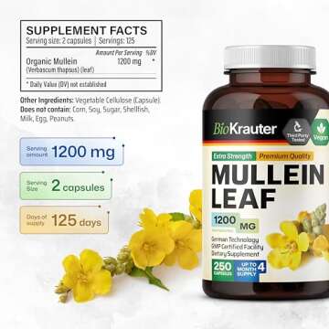 BIO KRAUTER Mullein Capsules for Lung Detox 1200 mg - 250 Count - Mullein Leaf Capsules for Respiratory Support - Vegan Lung Support Supplement - No Fillers