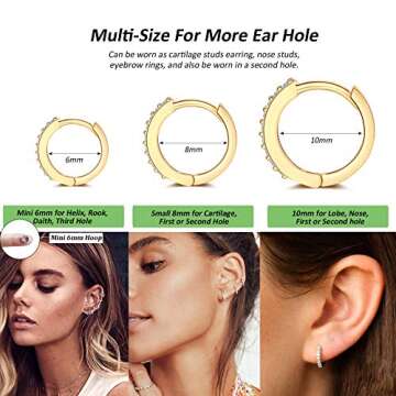 Silver Huggie Hoop Earrings for Women, 3 Pairs Tiny Hypoallergenic Sterling Silver Cartilage Hoops | 14k Gold Small Cubic Zirconia Cuff Earrings Mini Piercing Jewelry (Gold, 6/8/10mm)