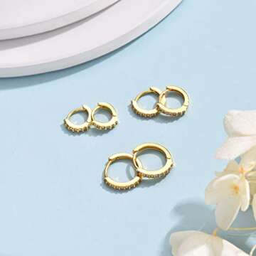 Silver Huggie Hoop Earrings for Women, 3 Pairs Tiny Hypoallergenic Sterling Silver Cartilage Hoops | 14k Gold Small Cubic Zirconia Cuff Earrings Mini Piercing Jewelry (Gold, 6/8/10mm)