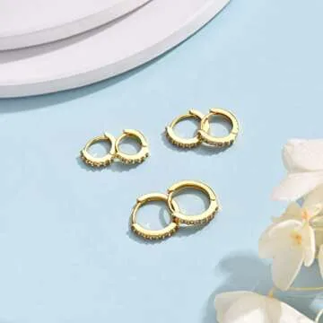 Silver Huggie Hoop Earrings for Women, 3 Pairs Tiny Hypoallergenic Sterling Silver Cartilage Hoops | 14k Gold Small Cubic Zirconia Cuff Earrings Mini Piercing Jewelry (Gold, 6/8/10mm)
