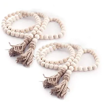 Natural Wood Beads Garland with Tassel - 2Pcs Boho Farmhouse Decor