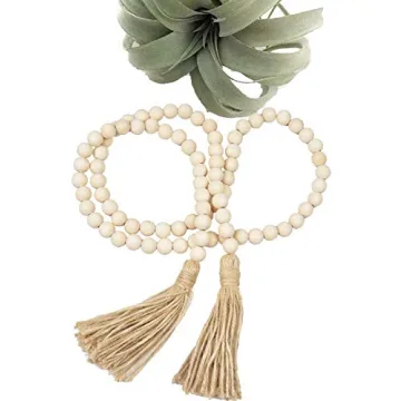 2Pcs Natural Wood Beads Garland with Tassel Boho Decor