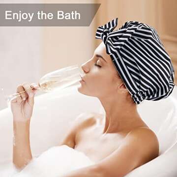 Aosuker Shower Cap, Waterproof Shower Cap for Women Reusable for Long Hair, Large Elastic Adjustable Shower Caps(Black Stripe)