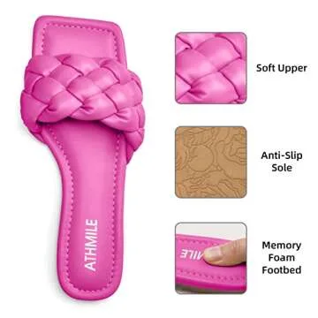 ATHMILE Braided Womens Sandals Square Open Toe Fashion Slide Sandals Women Dressy Summer Flat Beach Hot Pink 2025 Size 6