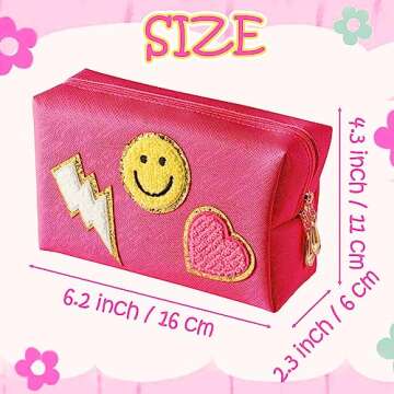 LieToi Preppy Patch Small Toiletry Bag, Smile Lightning Heart PU Leather Portable Waterproof Makeup Cosmetic Bag Daily Use Storage Purse Travel Organizer Compliant Bag for Women Girls Gift (Rose Red)