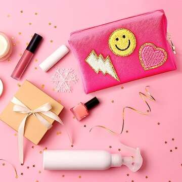 LieToi Preppy Patch Small Toiletry Bag, Smile Lightning Heart PU Leather Portable Waterproof Makeup Cosmetic Bag Daily Use Storage Purse Travel Organizer Compliant Bag for Women Girls Gift (Rose Red)