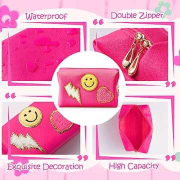 LieToi Preppy Patch Small Toiletry Bag, Smile Lightning Heart PU Leather Portable Waterproof Makeup Cosmetic Bag Daily Use Storage Purse Travel Organizer Compliant Bag for Women Girls Gift (Rose Red)