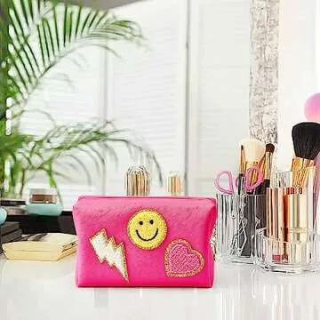 LieToi Preppy Patch Small Toiletry Bag, Smile Lightning Heart PU Leather Portable Waterproof Makeup Cosmetic Bag Daily Use Storage Purse Travel Organizer Compliant Bag for Women Girls Gift (Rose Red)