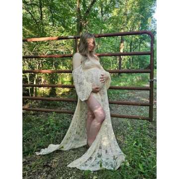 Saslax Lace Off Shoulder Doubly Split A-line Skirt Maternity Dress Soft Stretchy Pregnancy Prop Maxi Gown for Photoshoot Champagne Medium