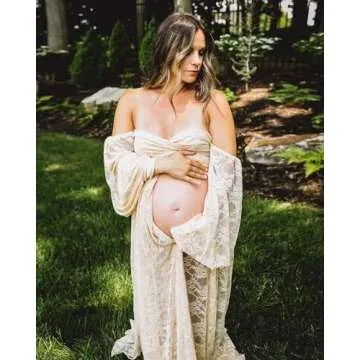 Saslax Lace Off Shoulder Doubly Split A-line Skirt Maternity Dress Soft Stretchy Pregnancy Prop Maxi Gown for Photoshoot Champagne Medium