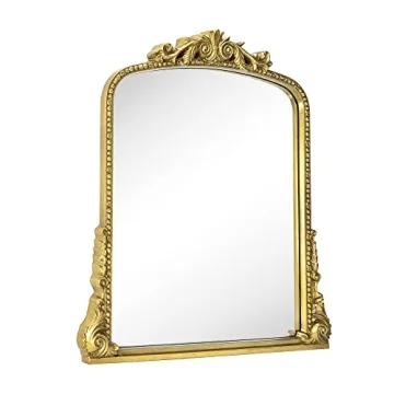 VANA NALA Antiqued Gold Ornate Mirror Arched Mantel Wall Mirror Baroque Inspired Bathroom Vanity Rectangle Wall Mounted Mirror, 30 x 34''
