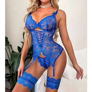 Donnalla Women's Sexy Lace Garter Lingerie Set Royal Blue