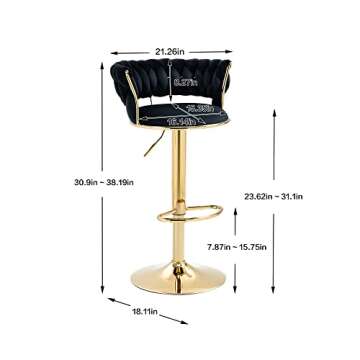 Kakotito 360° Velvet Swivel Bar Stools with Low Back & Footrest, Adjustable Counter Barstools, Gold Bar Stool