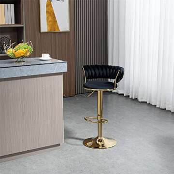 Kakotito 360° Velvet Swivel Bar Stools with Low Back & Footrest, Adjustable Counter Barstools, Gold Bar Stool