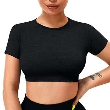YEOREO Amplify Seamless Short Sleeve Women's Crop Top Gym Yoga Tops Workout Shirts Tee Black