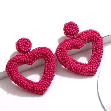 CEALXHENY Beaded Drop Earrings Handmade Seed Bead Heart Hoop Dangle Earrings Bohemia Statement Earri...