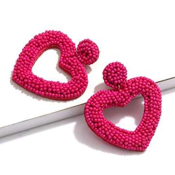 CEALXHENY Beaded Drop Earrings Handmade Seed Bead Heart Hoop Dangle Earrings Bohemia Statement Earring Studs for Women (Rose Red)