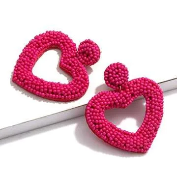 CEALXHENY Beaded Drop Earrings Handmade Seed Bead Heart Hoop Dangle Earrings Bohemia Statement Earring Studs for Women (Rose Red)