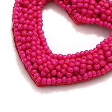 CEALXHENY Beaded Drop Earrings Handmade Seed Bead Heart Hoop Dangle Earrings Bohemia Statement Earring Studs for Women (Rose Red)