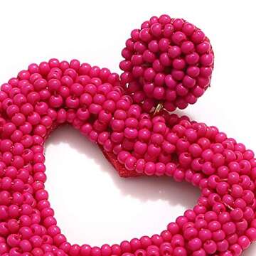 CEALXHENY Beaded Drop Earrings Handmade Seed Bead Heart Hoop Dangle Earrings Bohemia Statement Earring Studs for Women (Rose Red)