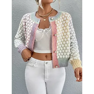 GORGLITTER Women's Button Up Colorful Cropped Cardigan Sweater Cute Long Sleeve Casual Knit Outwear Pink and Blue Small