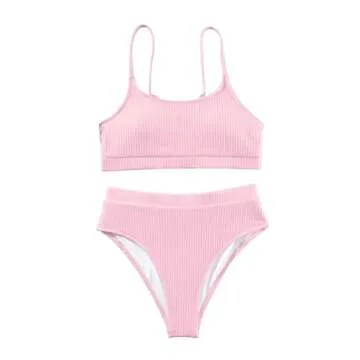 Lilosy High Waisted Tummy Control Bikini Ribbed Sporty Brazilian Swimsuit Set Women Highwaisted Cheeky Cut Leg Rise Bottom Crop Push Up Top 2 Piece Bathing Suit Pink X-Large