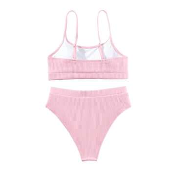 Lilosy High Waisted Tummy Control Bikini Ribbed Sporty Brazilian Swimsuit Set Women Highwaisted Cheeky Cut Leg Rise Bottom Crop Push Up Top 2 Piece Bathing Suit Pink X-Large
