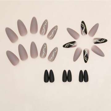 TOGZOM Almond False Nails, Gray, Medium Press on Nails, 24 Pieces, Glossy Finish, Acrylic, for Women Decoration
