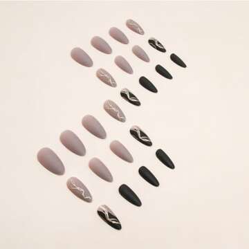 TOGZOM Almond False Nails, Gray, Medium Press on Nails, 24 Pieces, Glossy Finish, Acrylic, for Women Decoration