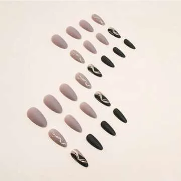 TOGZOM Almond False Nails, Gray, Medium Press on Nails, 24 Pieces, Glossy Finish, Acrylic, for Women Decoration