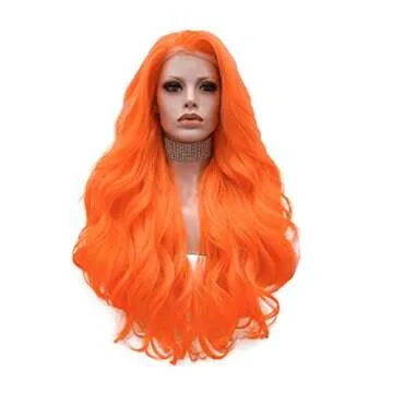 IMSTYLE Orange Lace Front Wigs Natural Wavy Long Synthetic Lace Wig for Cosplay Party Wig Heat Resistant 26 inches