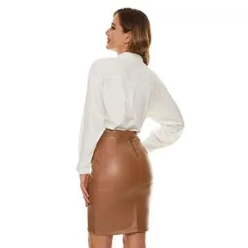 Fahsyee Womens Faux Leather Skirt, Pencil High Waisted Slim Fit Elegant Zipper Closure Office Midi Skirts Plus Size L Brown
