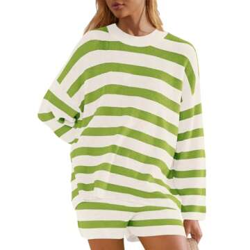 Panadila Womens Striped Sweater Set Oversized Lounge Sets Matching Pajamas Long Sleeve Sweater Top and Shorts (Green White,M)