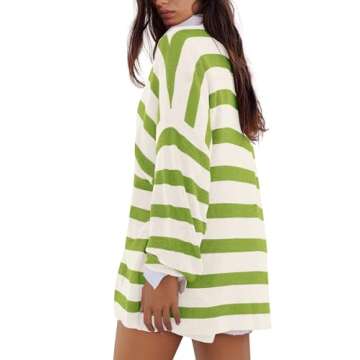 Panadila Womens Striped Sweater Set Oversized Lounge Sets Matching Pajamas Long Sleeve Sweater Top and Shorts (Green White,M)