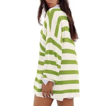 Panadila Womens Striped Sweater Set Oversized Lounge Sets Matching Pajamas Long Sleeve Sweater Top and Shorts (Green White,M)