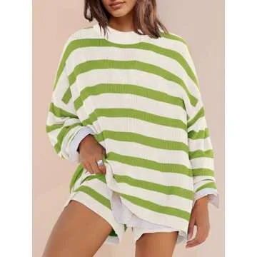 Panadila Womens Striped Sweater Set Oversized Lounge Sets Matching Pajamas Long Sleeve Sweater Top and Shorts (Green White,M)