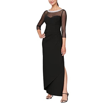 Alex Evenings Women's Long Matte Jersey Mother of The Bride Dress with 3/4 Illusion Sleeves (Petite ...