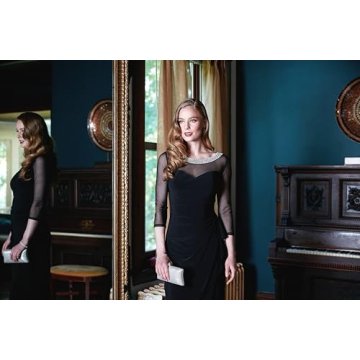 Alex Evenings Women's Long Matte Jersey Mother of The Bride Dress with 3/4 Illusion Sleeves (Petite and Regular Sizes), Classic Black, 10