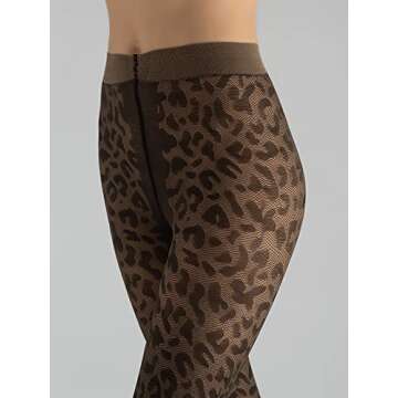 Gatta Womens Black LEOPARD ANIMAL PRINT Micro Mesh FISHNET Tights Pantyhose | WILD CAT 04 [Made in Europe] (2(S))