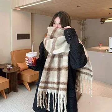 OUNIYA Large Chunky Plaid Scarf Checked Colorful Oversized Scarves Soft Big Cashmere Wool Thick Wint...
