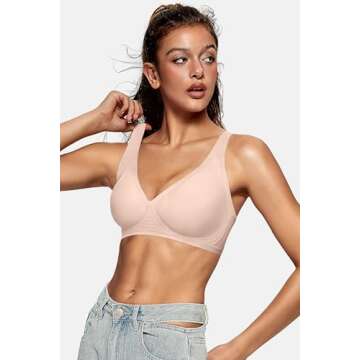 OEAK Womens Deep V Bras Comfortable Bras Support Push Up Bralettes Low Cut no Underwire Bras Plunge Seamless Tshirts Bras Skin Color M