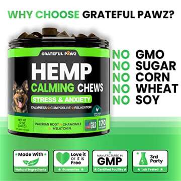 Grateful Pawz Hemp Calming Chews for Dogs - Dog Calming Chews - 170 Anxiety Relief Treats with Hemp Oil - Sleep Aid - Advanced Health Joint Support Supplement - Health & Wellness
