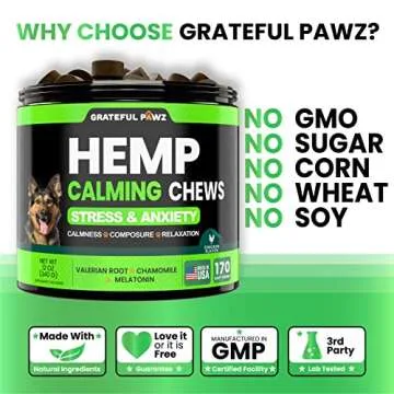 Grateful Pawz Hemp Calming Chews for Dogs - Dog Calming Chews - 170 Anxiety Relief Treats with Hemp Oil - Sleep Aid - Advanced Health Joint Support Supplement - Health & Wellness